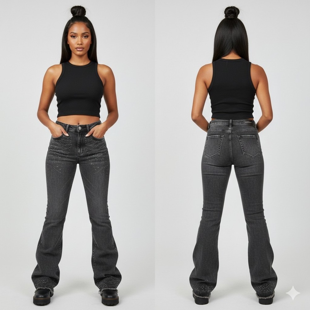 Rockstar Original Women's XL Black Gray Rhinestone Distressed Stacked Flare